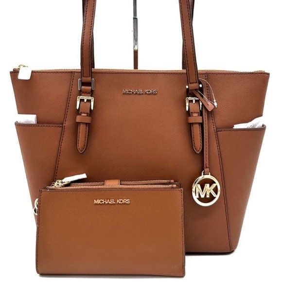 Michael Kors Large Charlotte Tote Bag & Large Double Zip Wallet Luggage Brown - Picture 1 of 14